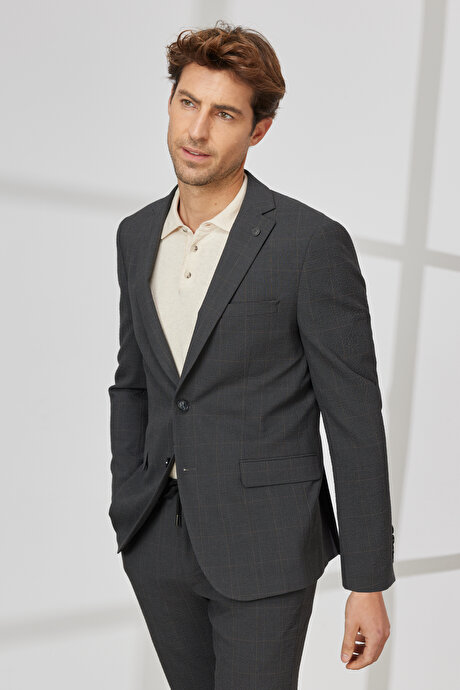 Slim Fit Dar Kesim Mono Yaka Gofre Desenli Antrasit-Kahverengi Takım Elbise resmi
