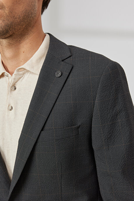 Slim Fit Dar Kesim Mono Yaka Gofre Desenli Antrasit-Kahverengi Takım Elbise resmi