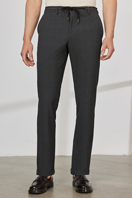 Slim Fit Dar Kesim Mono Yaka Gofre Desenli Antrasit-Kahverengi Takım Elbise resmi