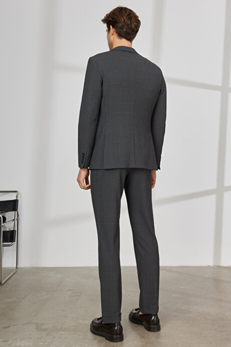 Slim Fit Dar Kesim Mono Yaka Gofre Desenli Antrasit-Kahverengi Takım Elbise resmi