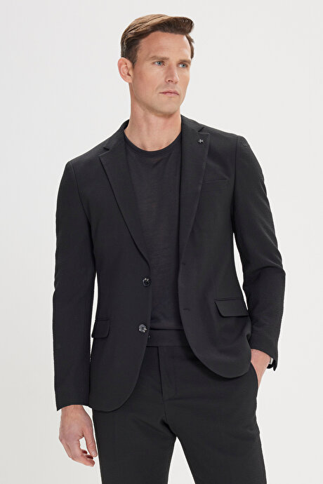 Slim Fit Dar Kesim Mono Yaka Gofre Desenli Siyah Takım Elbise resmi