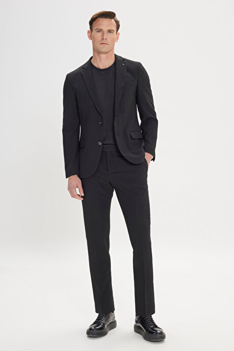 Slim Fit Dar Kesim Mono Yaka Gofre Desenli Siyah Takım Elbise resmi