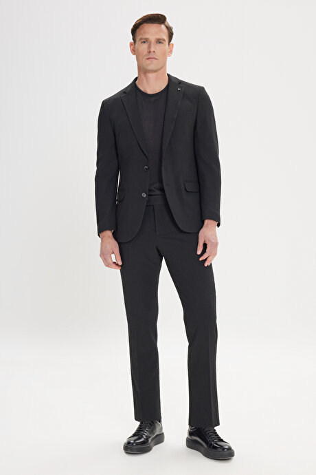 Slim Fit Dar Kesim Mono Yaka Gofre Desenli Siyah Takım Elbise resmi