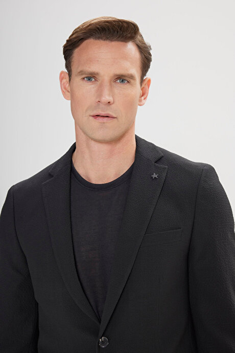 Slim Fit Dar Kesim Mono Yaka Gofre Desenli Siyah Takım Elbise resmi