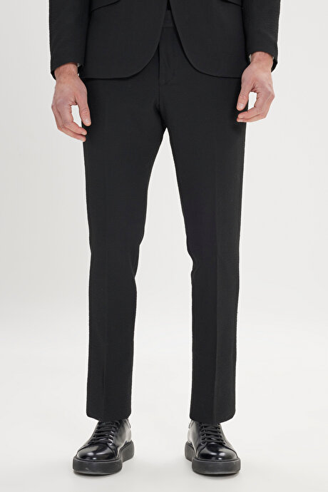 Slim Fit Dar Kesim Mono Yaka Gofre Desenli Siyah Takım Elbise resmi