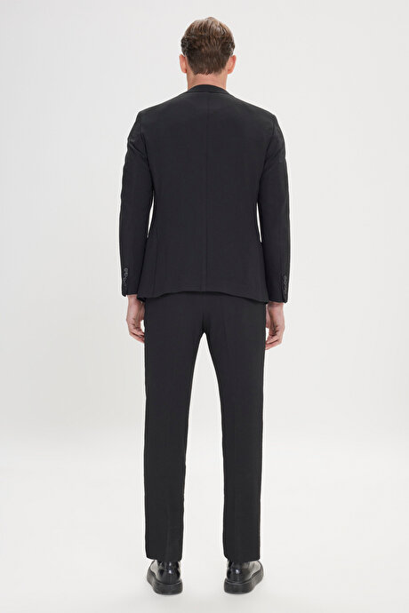 Slim Fit Dar Kesim Mono Yaka Gofre Desenli Siyah Takım Elbise resmi