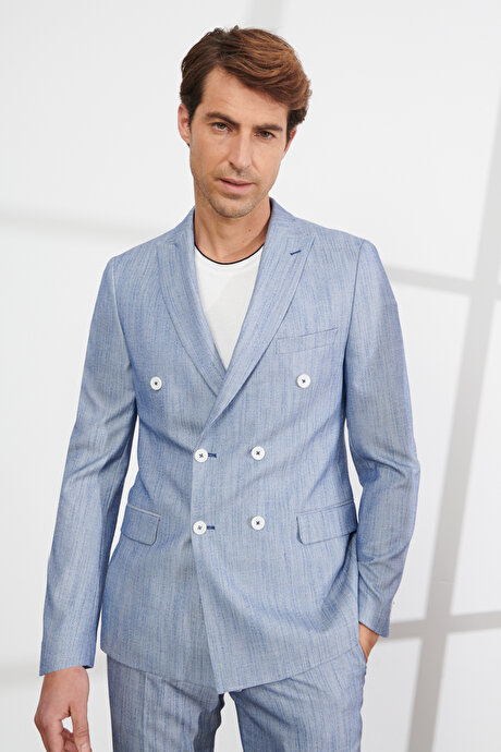 Slim Fit Dar Kesim Kırlangıç Yaka Desenli Mavi Takım Elbise resmi