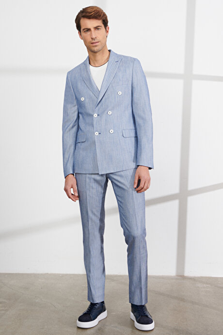 Slim Fit Dar Kesim Kırlangıç Yaka Desenli Mavi Takım Elbise resmi