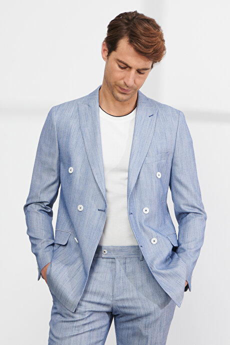 Slim Fit Dar Kesim Kırlangıç Yaka Desenli Mavi Takım Elbise resmi