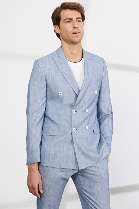 Slim Fit Dar Kesim Kırlangıç Yaka Desenli Mavi Takım Elbise resmi