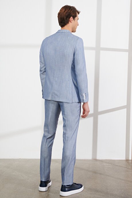 Slim Fit Dar Kesim Kırlangıç Yaka Desenli Mavi Takım Elbise resmi