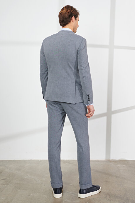 Slim Fit Dar Kesim Mono Yaka Gofre Desenli Gri Takım Elbise resmi