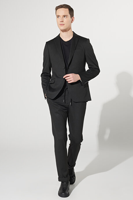 Slim Fit Dar Kesim Mono Yaka Örme Siyah Takım Elbise resmi