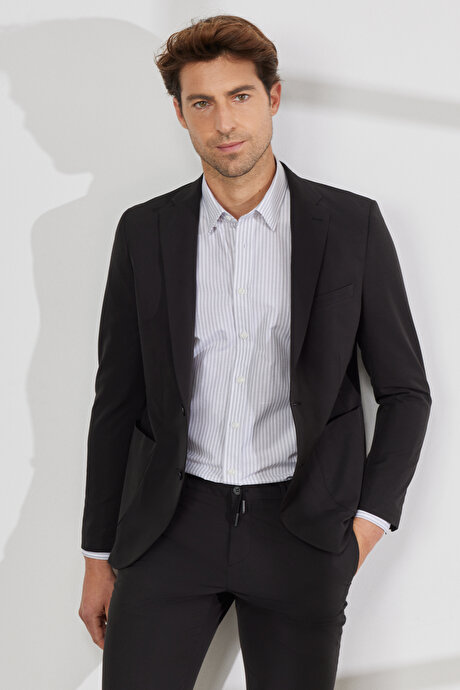 Slim Fit Dar Kesim Kırlangıç Yaka Çizgili Siyah Takım Elbise resmi