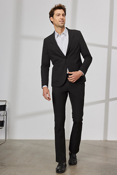 Slim Fit Dar Kesim Kırlangıç Yaka Çizgili Siyah Takım Elbise resmi