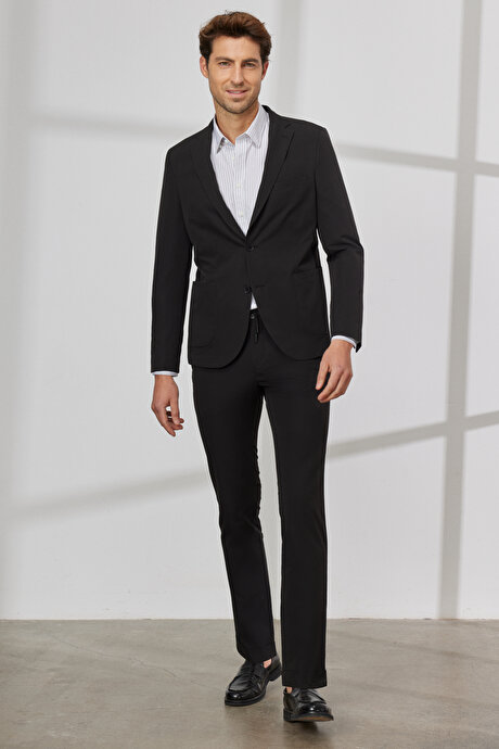 Slim Fit Dar Kesim Kırlangıç Yaka Çizgili Siyah Takım Elbise resmi