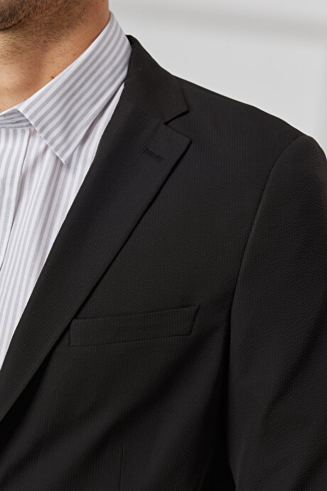 Slim Fit Dar Kesim Kırlangıç Yaka Çizgili Siyah Takım Elbise resmi