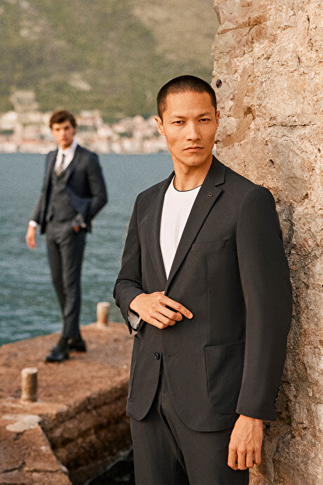 Slim Fit Dar Kesim Mono Yaka Çizgili Lacivert Takım Elbise resmi