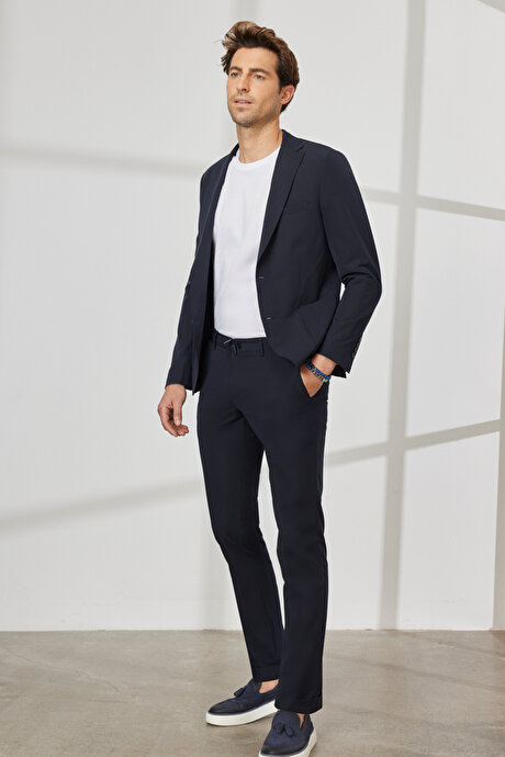 Slim Fit Dar Kesim Mono Yaka Çizgili Lacivert Takım Elbise resmi