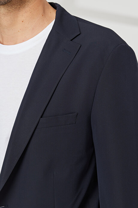 Slim Fit Dar Kesim Mono Yaka Çizgili Lacivert Takım Elbise resmi