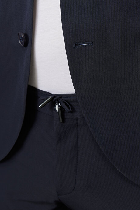 Slim Fit Dar Kesim Mono Yaka Çizgili Lacivert Takım Elbise resmi