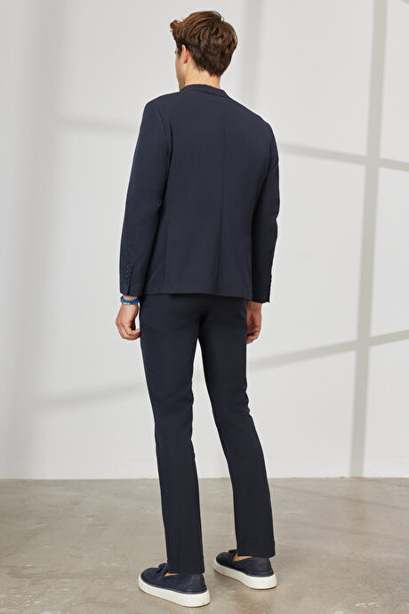 Slim Fit Dar Kesim Mono Yaka Çizgili Lacivert Takım Elbise resmi