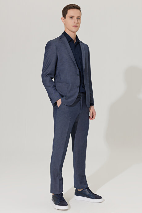 Slim Fit Dar Kesim Mono Yaka Armürlü Lacivert Takım Elbise resmi