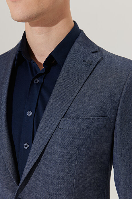 Slim Fit Dar Kesim Mono Yaka Armürlü Lacivert Takım Elbise resmi