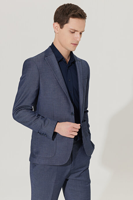 Slim Fit Dar Kesim Mono Yaka Armürlü Lacivert Takım Elbise resmi