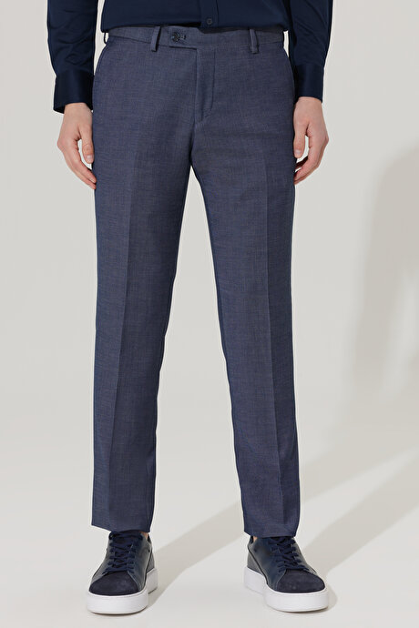 Slim Fit Dar Kesim Mono Yaka Armürlü Lacivert Takım Elbise resmi