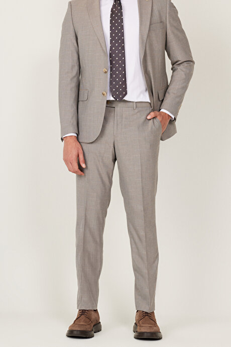 Ekstra Slim Fit Dar Kesim Mono Yaka Desenli Bej Takım Elbise resmi