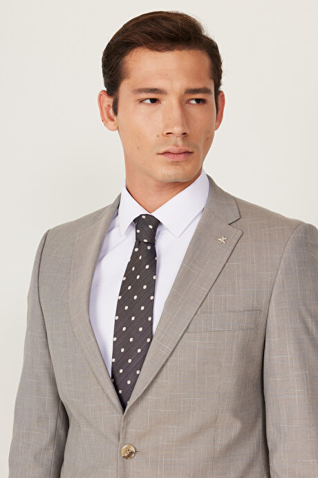 Ekstra Slim Fit Dar Kesim Mono Yaka Desenli Bej Takım Elbise resmi