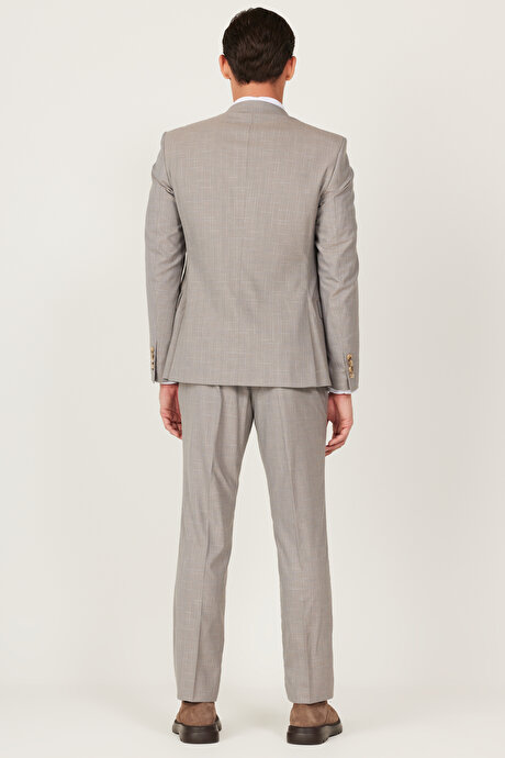 Ekstra Slim Fit Dar Kesim Mono Yaka Desenli Bej Takım Elbise resmi