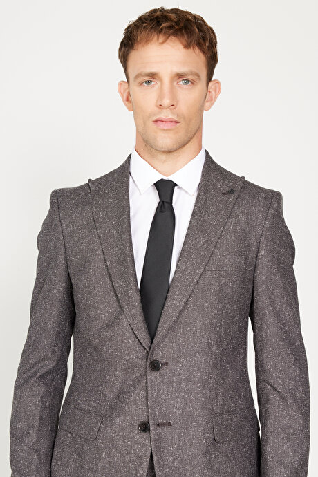 Ekstra Slim Fit Dar Kesim Kırlangıç Yaka Tweet Desenli Kahverengi Takım Elbise resmi