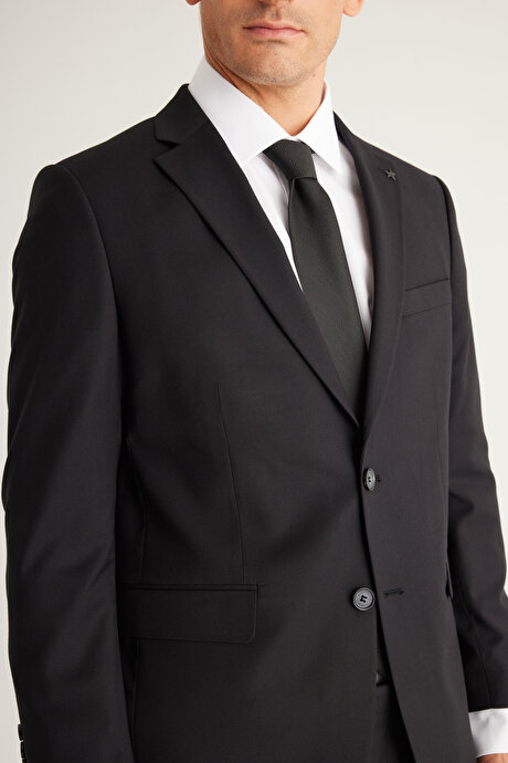Regular Fit Geniş Kesim Mono Yaka Armürlü Siyah Takım Elbise resmi