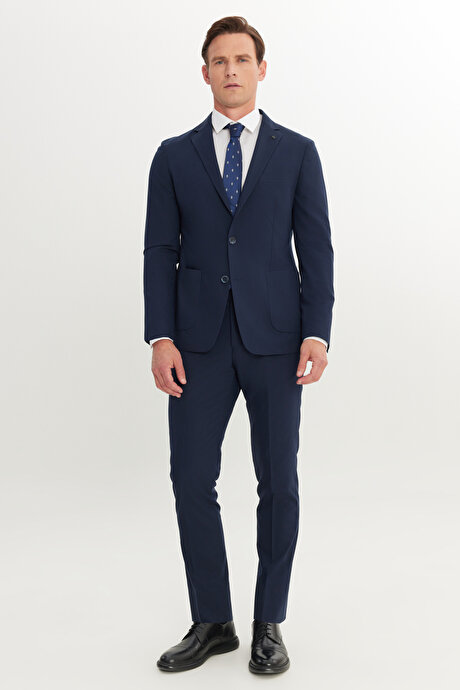 Slim Fit Dar Kesim Mono Yaka Lacivert Takım Elbise resmi