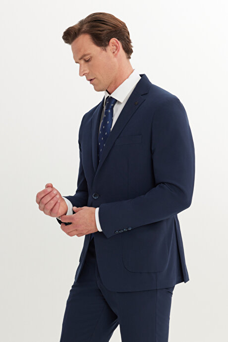 Slim Fit Dar Kesim Mono Yaka Lacivert Takım Elbise resmi