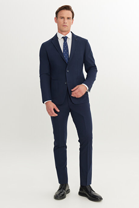 Slim Fit Dar Kesim Mono Yaka Lacivert Takım Elbise resmi