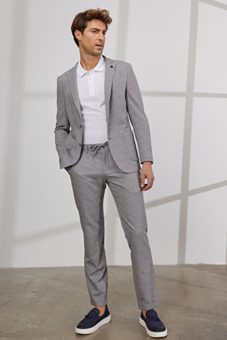 Slim Fit Dar Kesim Mono Yaka Desenli Gri Takım Elbise resmi