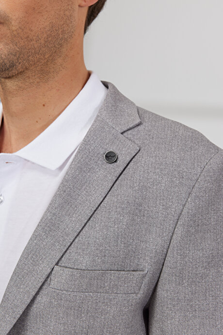 Slim Fit Dar Kesim Mono Yaka Desenli Gri Takım Elbise resmi