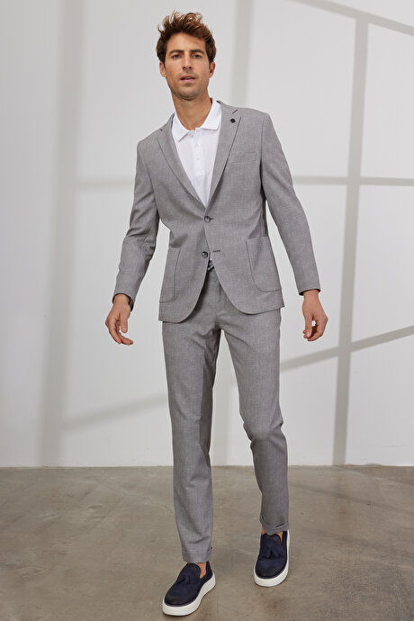 Slim Fit Dar Kesim Mono Yaka Desenli Gri Takım Elbise resmi