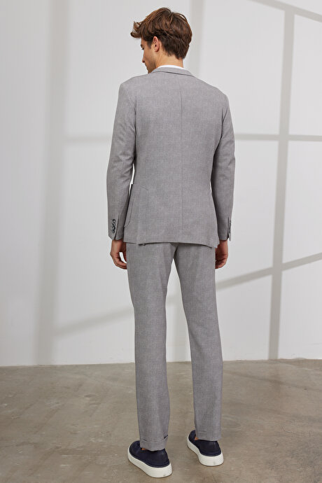 Slim Fit Dar Kesim Mono Yaka Desenli Gri Takım Elbise resmi