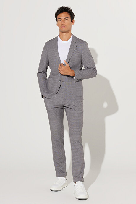 Slim Fit Dar Kesim Mono Yaka Seyahat Çantalı Desenli Bej Takım Elbise resmi