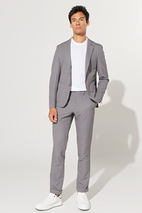 Slim Fit Dar Kesim Mono Yaka Seyahat Çantalı Desenli Bej Takım Elbise resmi