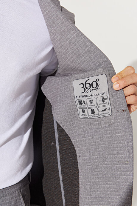 Slim Fit Dar Kesim Mono Yaka Seyahat Çantalı Desenli Bej Takım Elbise resmi