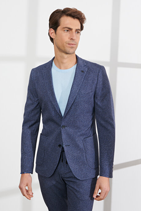 Slim Fit Dar Kesim Mono Yaka Seyahat Çantalı Desenli Lacivert-Beyaz Takım Elbise resmi