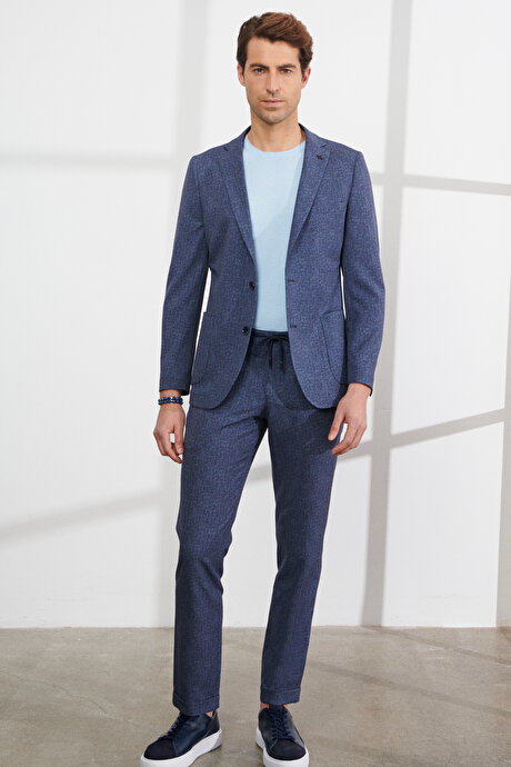 Slim Fit Dar Kesim Mono Yaka Seyahat Çantalı Desenli Lacivert-Beyaz Takım Elbise resmi