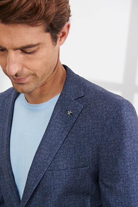 Slim Fit Dar Kesim Mono Yaka Seyahat Çantalı Desenli Lacivert-Beyaz Takım Elbise resmi