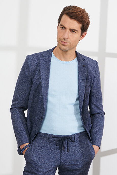 Slim Fit Dar Kesim Mono Yaka Seyahat Çantalı Desenli Lacivert-Beyaz Takım Elbise resmi