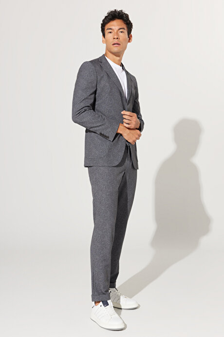 Slim Fit Dar Kesim Mono Yaka Desenli Antrasit-Beyaz Takım Elbise resmi